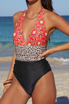 Retro Floral Leopard Stripes Deep V Neck One-piece Swimwear-Swimwear-MomFashion