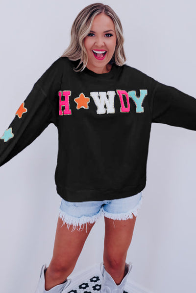 Black Glitter Howdy Patch Graphic Casual Sweatshirt-Tops-MomFashion