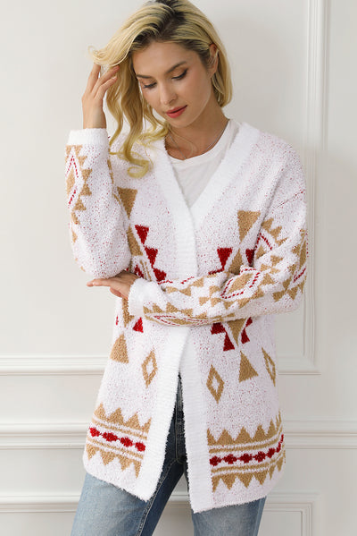 White Aztec Pattern Open Knitted Cardigan-Tops-MomFashion