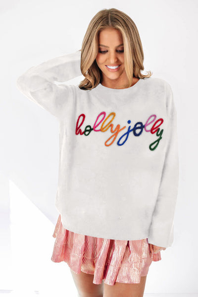 White Holly Jolly Round Neck Casual Sweater-Tops-MomFashion