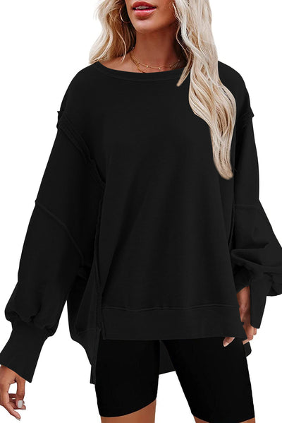 Black Exposed Seam Drop Shoulder Slit High Low Hem Sweatshirt-Tops-MomFashion