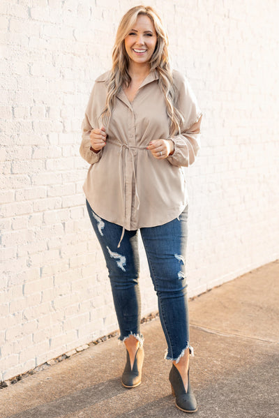 Light French Beige Plus Size Puff Sleeve Tied Tunic Shirt-Plus Size-MomFashion