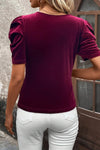 Burgundy Short Puff Sleeve Velvet Top-Tops-MomFashion