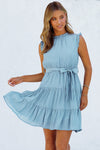 Sky Blue Frilled Neck Sleeveless Tiered Tulle Dress-Dresses-MomFashion