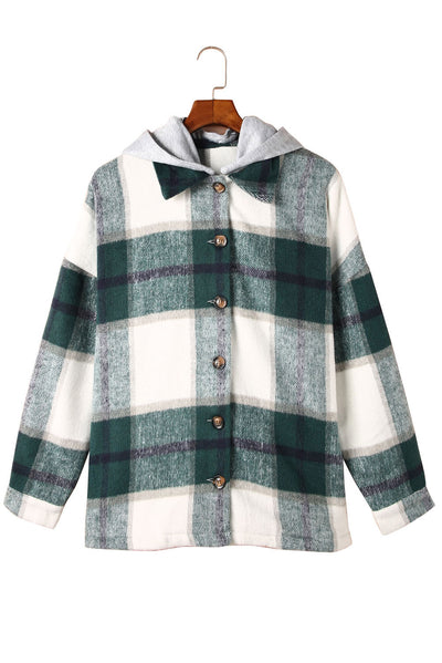 Green Hooded Plaid Button Front Shacket-Outerwear-MomFashion