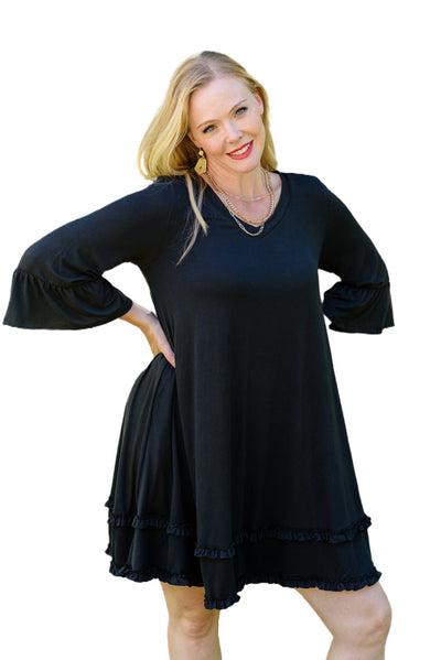 Black Plus Size Ruffled Trim 3/4 Sleeve Dress-Plus Size-MomFashion