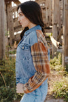 Sky Blue Medium Wash Plaid Sleeves Denim Jacket-Outerwear-MomFashion