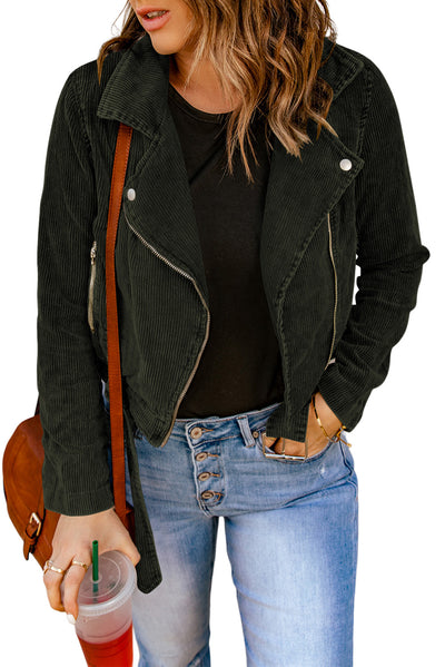 Buckle Belted Zip Up Corduroy Jacket-Outerwear-MomFashion