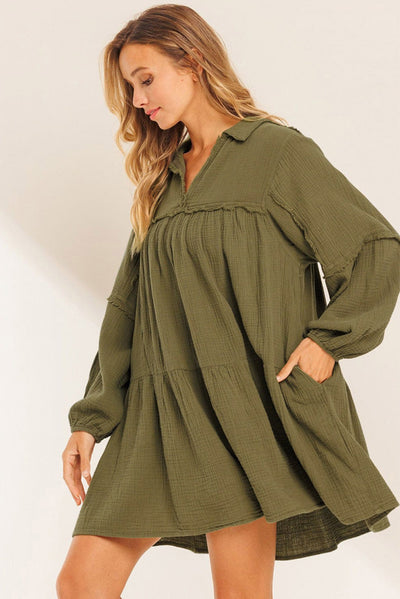 Green Frayed Trim Split Neck Puff Sleeve Flared Dress-Dresses-MomFashion