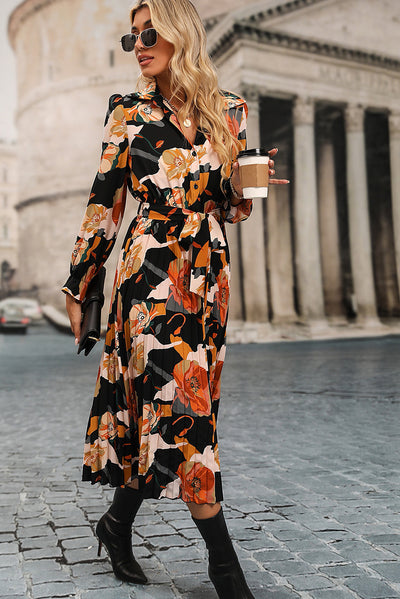 Multicolor Floral Print Waist Tie Pleated Midi Shirt Dress-Dresses-MomFashion