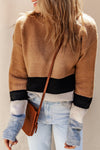 Brown Color Block Striped Ribbed Knit Sweater-Tops-MomFashion