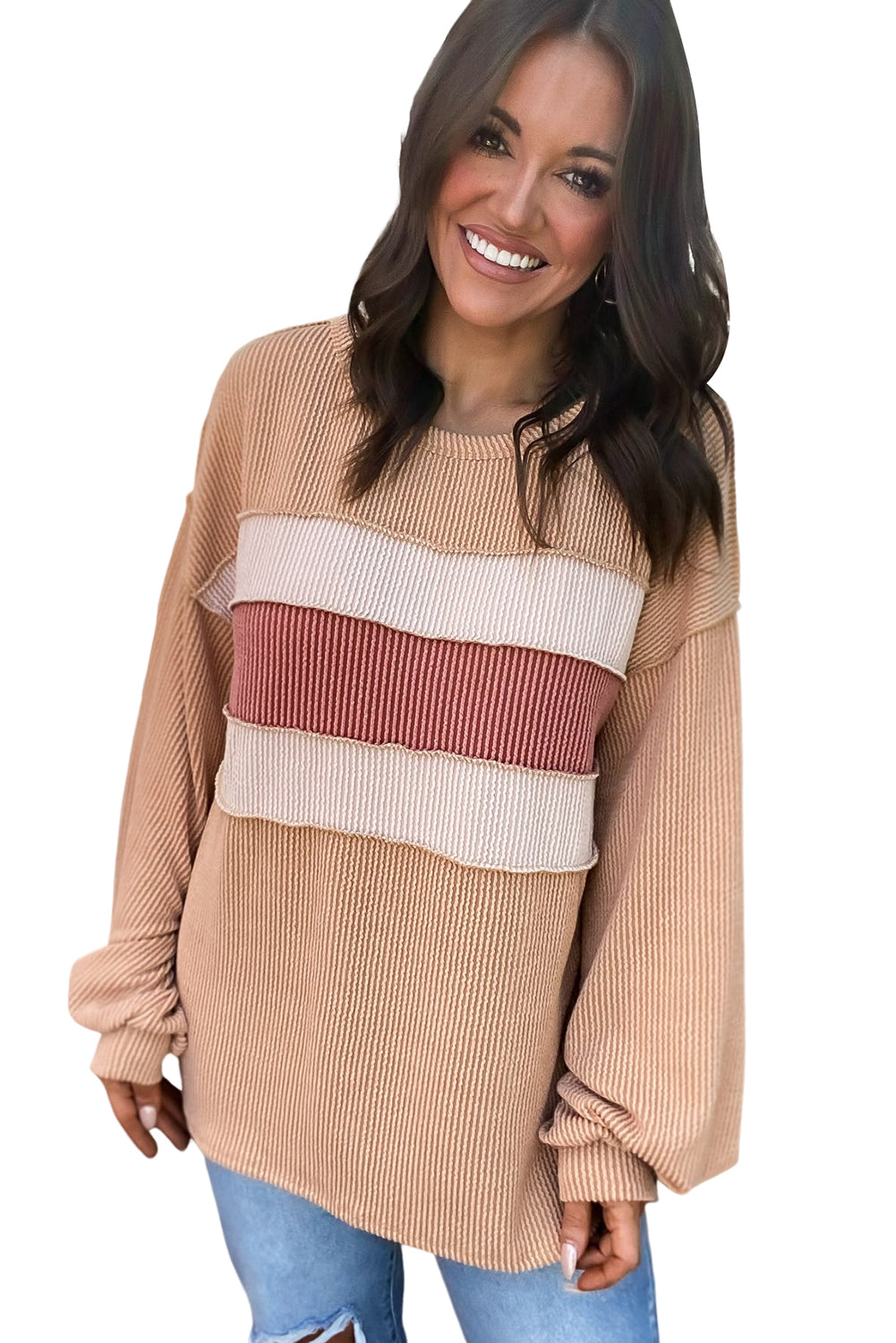 Light French Beige Colorblock Rib Corded Sweatshirt-Tops-MomFashion