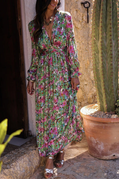 Green Floral Print Deep V Neck Ruched Cinched Waist Maxi Dress-Dresses-MomFashion