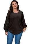 Black Plus Size Sequin Patchwork Crew Neck Long Sleeve Top-Plus Size-MomFashion