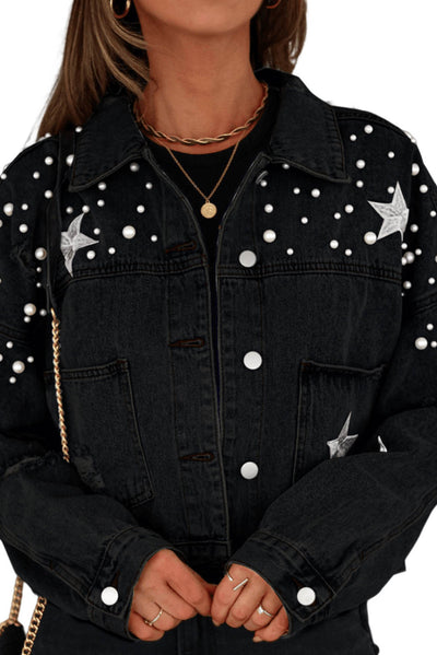 Black Distressed Pearls Star Cropped Denim Jacket-Outerwear-MomFashion