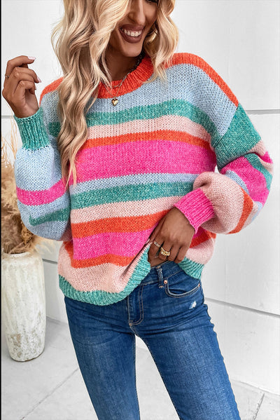 Multicolor Striped Knit Drop Shoulder Puff Sleeve Sweater-Tops-MomFashion