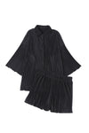 Black 3/4 Sleeves Pleated Shirt and High Waist Shorts Lounge Set-Loungewear-MomFashion