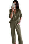 Green Ribbed Knit Collared Henley Top and Pants Lounge Outfit-Loungewear-MomFashion