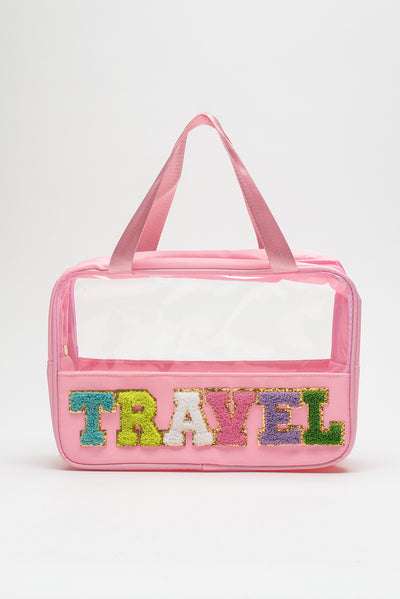 Light Pink TRAVEL Chenille Letter Clear PVC Makeup Bag-Accessories-MomFashion