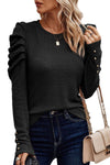 Black Solid Color Textured Buttoned Gigot Sleeve Top-Tops-MomFashion