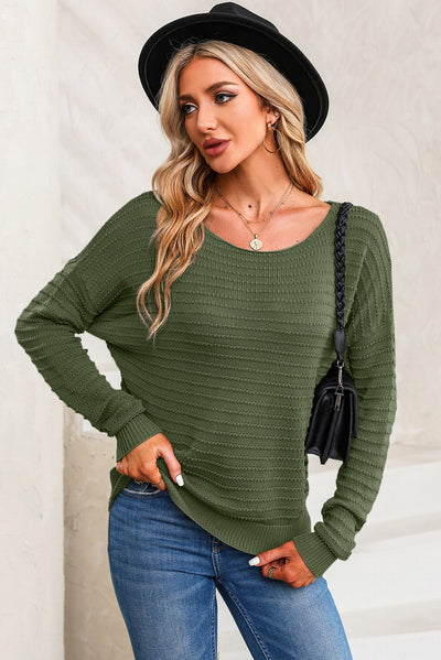 Green Textured Knit Round Neck Dolman Sleeve Sweater-Tops-MomFashion