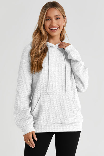 White Quilted Kangaroo Pocket Drawstring Hoodie-Tops-MomFashion