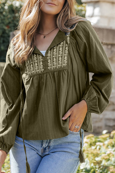 Green Embroidered Split Neck Pleated Loose Blouse-Tops-MomFashion