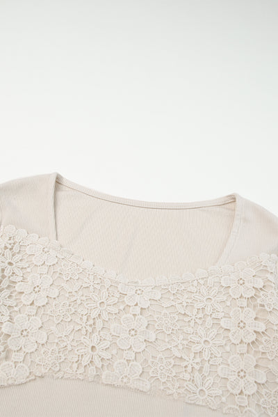 Beige Lace Crochet V Neck Long Sleeve Top-Tops-MomFashion