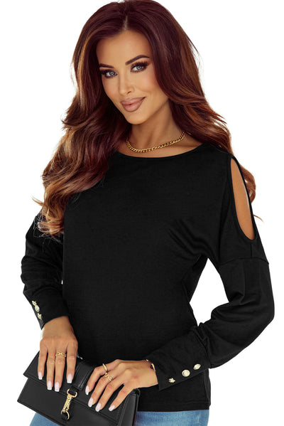 Black Asymmetrical Cut Out Buttoned Long Sleeve Top-Tops-MomFashion