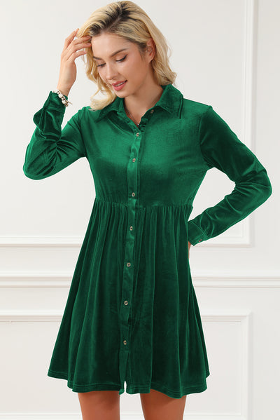 Green Long Sleeve Ruffle Velvet Button Up Dress-Dresses-MomFashion