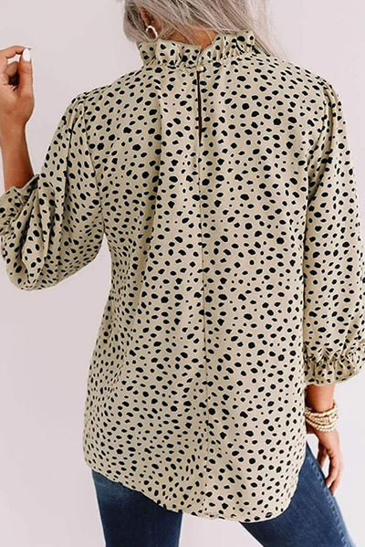 Khaki Frilled Neck 3/4 Sleeves Cheetah Blouse-Tops-MomFashion