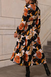 Orange Floral Print Tie Neck Long Sleeve Dress-Dresses-MomFashion