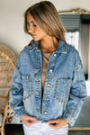 Sky Blue Studded Acid Wash Denim Jacket-Outerwear-MomFashion