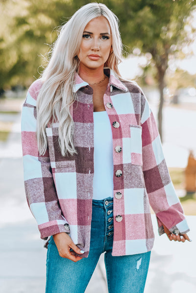 Plaid Color Block Buttoned Long Sleeve Jacket with Pocket-Outerwear-MomFashion