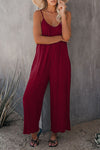 Red Spaghetti Straps Wide Leg Pocketed Jumpsuits-Bottoms-MomFashion