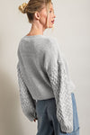 Light Grey Cable Knit Sleeve Drop Shoulder Sweater-Tops-MomFashion