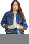 Dark Blue Plus Size Distressed Flap Pocket Denim Jacket-Plus Size-MomFashion