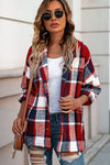 Fiery Red Hooded Plaid Button Front Shacket-Outerwear-MomFashion