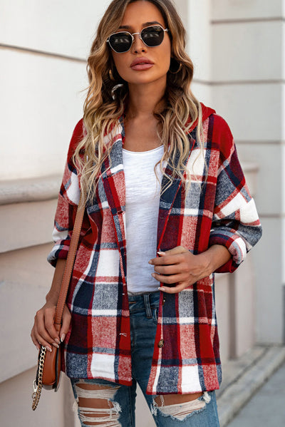 Fiery Red Hooded Plaid Button Front Shacket-Outerwear-MomFashion