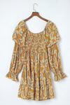 Yellow Boho Paisley Long Sleeve Floral Dress-Dresses-MomFashion