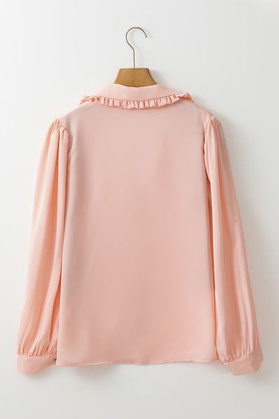 Pink Frilled Lapel Collar Button-Up Puff Sleeve Shirt-Tops-MomFashion