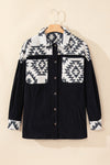 Black Aztec Patchwork Buttoned Corduroy Shacket-Outerwear-MomFashion