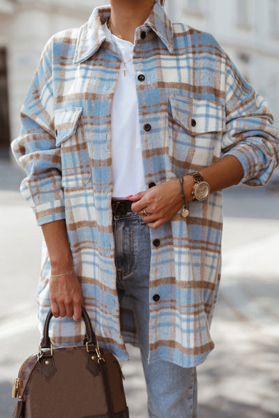 Sky Blue Plaid Flap Pocket Long Sleeve Shacket-Outerwear-MomFashion