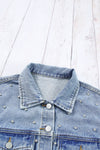 Mist Blue Rhinestones Studded Denim Jacket-Outerwear-MomFashion