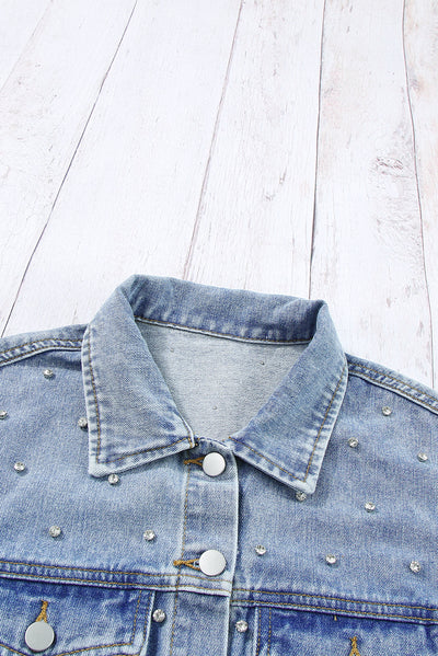 Mist Blue Rhinestones Studded Denim Jacket-Outerwear-MomFashion