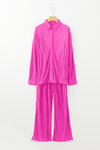 Rose Pleated Long Sleeve Shirt and Wide-Leg Pants Set-Loungewear-MomFashion