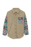 Khaki Aztec Pattern Sleeve Pocketed Corduroy Shacket-Outerwear-MomFashion