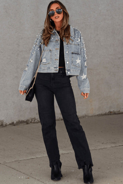 Sky Blue Distressed Pearls Star Cropped Denim Jacket-Outerwear-MomFashion