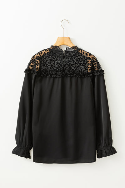 Black Leopard Mesh Splicing Ruffle Long Sleeve Blouse-Tops-MomFashion