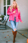 Pink Leopard Print Button Cuffs Raw Hem Jacket-Outerwear-MomFashion